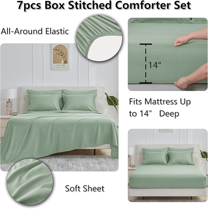 Full Size Comforter Sets, 7-Piece Bed in a Bag, Sage Green | OEKO-TEX Certified, Box-Stitched Design, 240 GSM Down Alternative Fill, All-Season Comfort, Sheets, Pillowcases & Shams