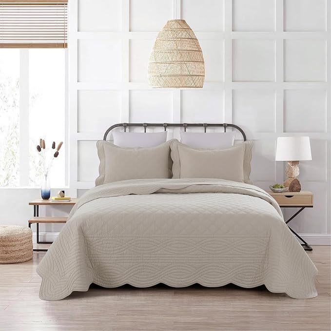 meadow park Quilt Set King Size - 3 Pieces, 100% Cotton Lightweight Coverlet with Diamond Pattern and Scallop Edges, Ultra Soft, Pet-Friendly, All-Season Use, Taupe