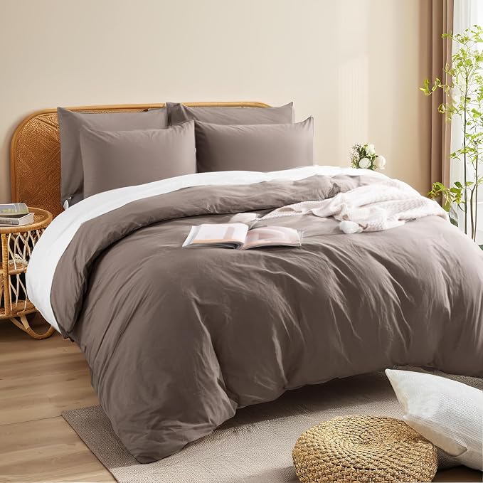 NEXHOME PRO 100% Washed Cotton Duvet Cover King Size, Ogranic Natural Linen Feel Breathable Bedding Set with Zipper Closure, 3 Pieces Duvet Cover Set Chocolate (No Comfortert) 10490