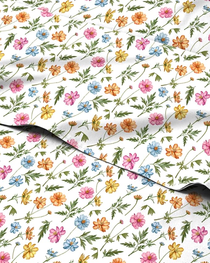Queen 4 Piece Floral Sheet Set - Soft, Breathable & Cooling - Spring Meadow | 1 Flat, 1 Fitted & 2 Pillowcases w/ Deep Pockets, Boho Botanical Floral Bedding, Breathable & Cooling, Wrinkle & Fade Free