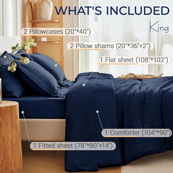 7 Pieces King Comforter Set, Seersucker Bed in a Bag King Size, All Season Luxury Bedding Set with Comforter, Flat Sheet, Fitted Sheet, Pillowcases & Shams, Navy Blue