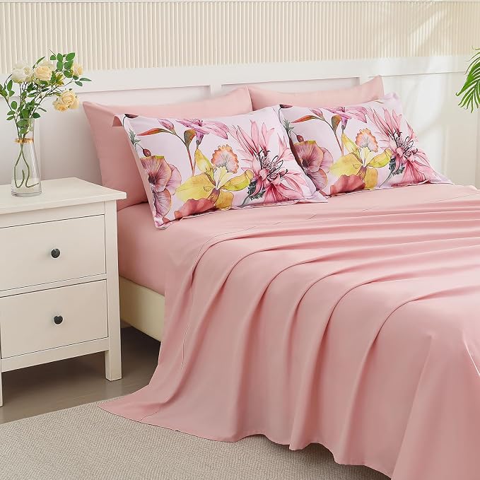 Yogeneg Queen Comforter Set 7 Piece Bed in a Bag,Elegant Floral Botanical Pattern Pink Bedding Set,Soft Microfiber Comforter with Sheet Set,All Season Bed Set(Blush Floral,Queen)