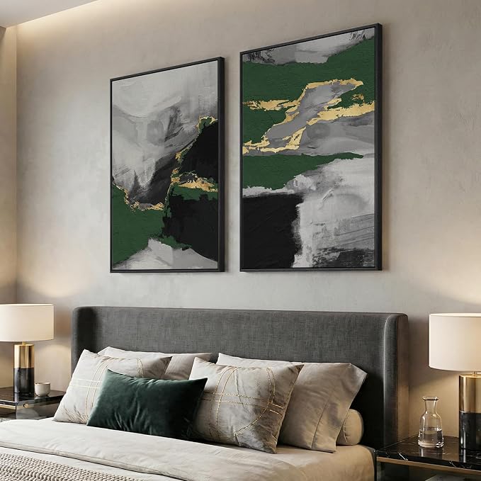 Large Framed Modern Green Gray Abstract Wall Art Decor Set of 2, 24x36 In | Gold Accents, Canvas prints, Modern paintings, Minimalist pictures, Black frame, Living room, Dining room, Bedroom wall decor