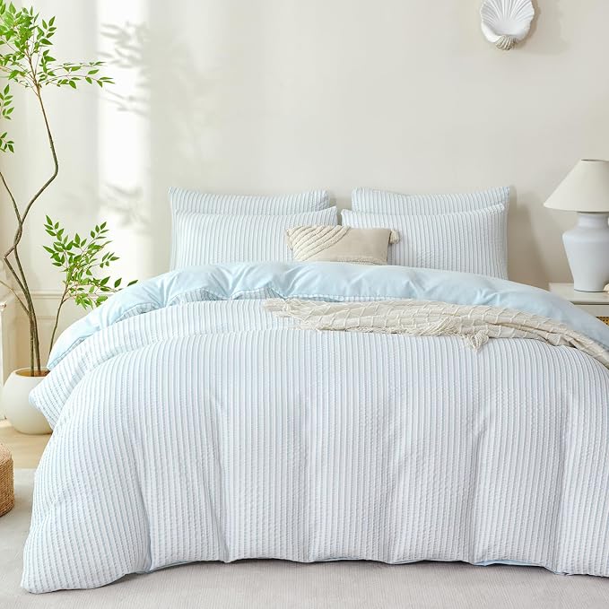 Comforter Queen Set Light Blue Striped Soft Luxury Washed Microfiber Jacquard 3 Pieces Bedding, White Light Blue Vertical Ticking Stripes Comforter with 2 Pillowcases Breathable Durable Comfy