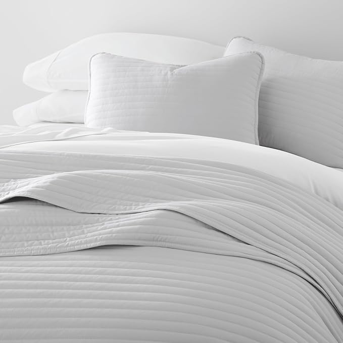 Merit Linens Modern Quilt Coverlet Soft Set in Stripe Stitching - Twin/TwinXL Light Gray