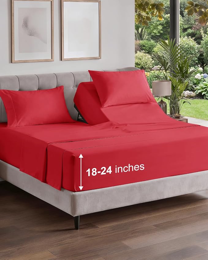 Flex Top Split Head King Sheet Set - 4 Piece Extra Deep Sheets - Red | Easily Fits 18 to 24 inch Mattress, Ultra Soft, Wrinkle & Fade Free with Extra Deep Pockets, Comfy Hotel Luxury Bedding