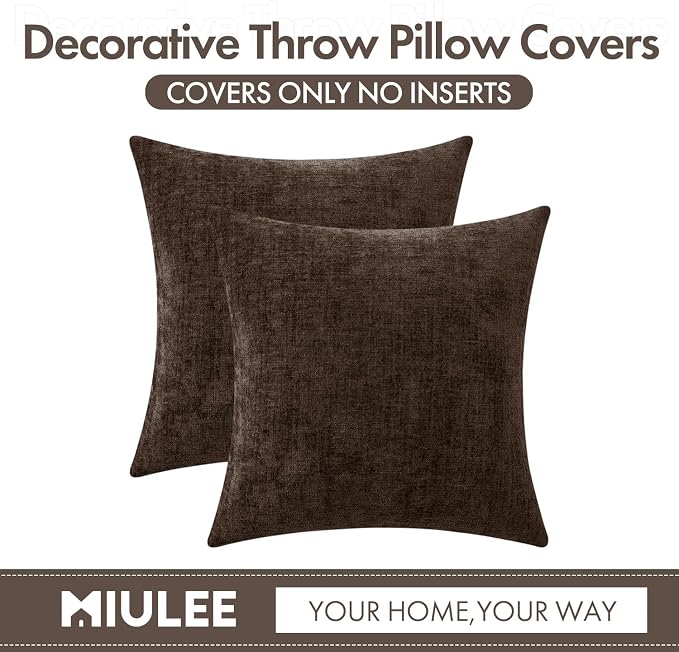 MIULEE Soft Chenille Fall Euro Throw Pillow Covers Chocolate Brown 26x26 | Pack of 2, Modern Fall Decor, Classic Decorative Pillows, Solid Dyed Cases, Couch Cushion Covers for Sofa Bed Living Room