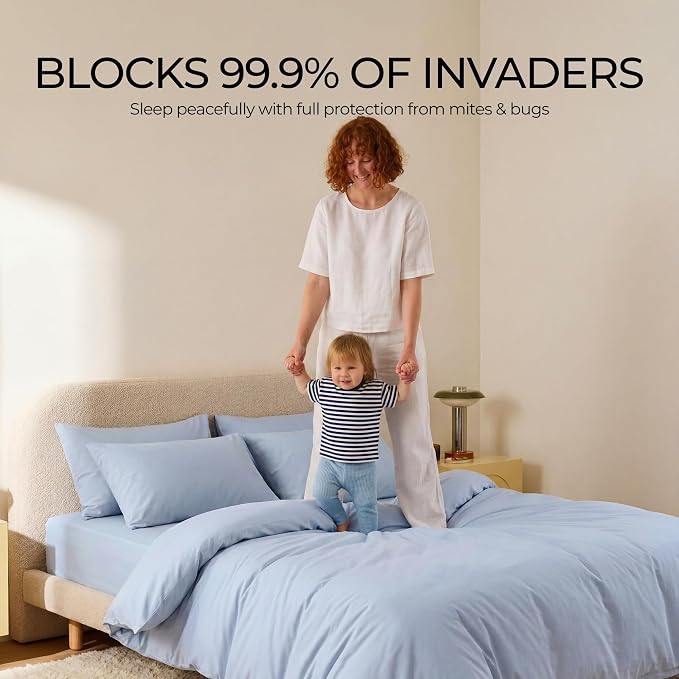 100% Cotton Duvet Cover Dust Mite Bed Bug Comforter Protector, Full | Zipper, Allergy Proof, Hypoallergenic Protection for Enhanced Freshness, Breathable Duvet Protector, Minimalist, Blue