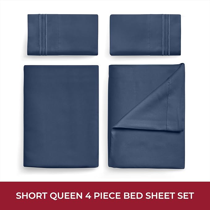 Mellanni RV Short Queen Sheets - 4 PC Iconic Collection Bedding | Hotel Luxury, Extra Soft, Cooling Bed Sheets - Deep Pocket up to 10 inch (RV/Short Queen, Navy Blue)