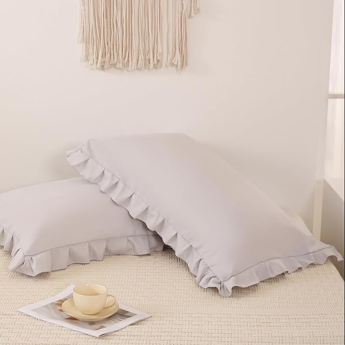 Beige Gray Pillow Shams Cute Ruffle Queen Pillowcases Solid Pillow Cover Set of 2 Shabby Chic Soft Light Gray Pillowcases 2 Pack (Queen (20''x30''), Beige Gray)