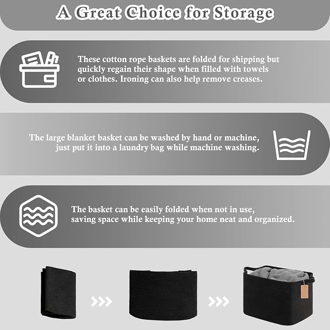 Goodpick 50L Large Woven Rope Storage Basket with Handles, Black | 18" × 14" × 12" Stylish Gift Basket for Living Room & Nursery Organization, Fits Blankets, Toys & Home Essentials Storage