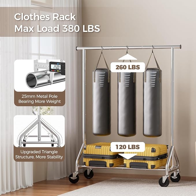 HYSEYY Clothes Rack, Rolling Clothing Rack for Hanging Clothes Load 380 LBS Portable Garment Rack with Sturdy Wheels, Metal Coat Rack Wardrobe Closet for Bedroom Laundry living Room, Silver