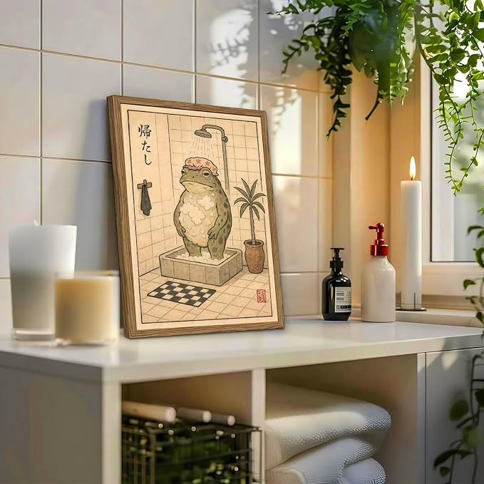 Funny Japanese Frog Bathroom Wall Art Whimsical Frog Shower Wall Decor 12x16 inch Wood Framed, Eclectic Japan Animal Bathroom Poster Painting Canvas Prints Aesthetics