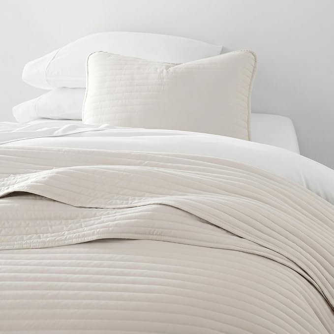 Merit Linens Modern Quilt Coverlet Soft Set in Stripe Stitching - Twin/TwinXL Natural