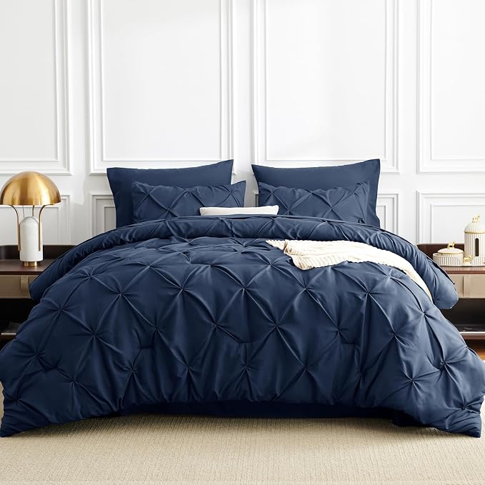 Twin Comforter Set Navy Blue, 5 Pieces Pintuck Bed in a Bag | College Dorm Essentials, OEKO-TEX 100 Certified, 240GSM All Season, Down-Alternative Comforter, Sheets, Pillowcase & Sham