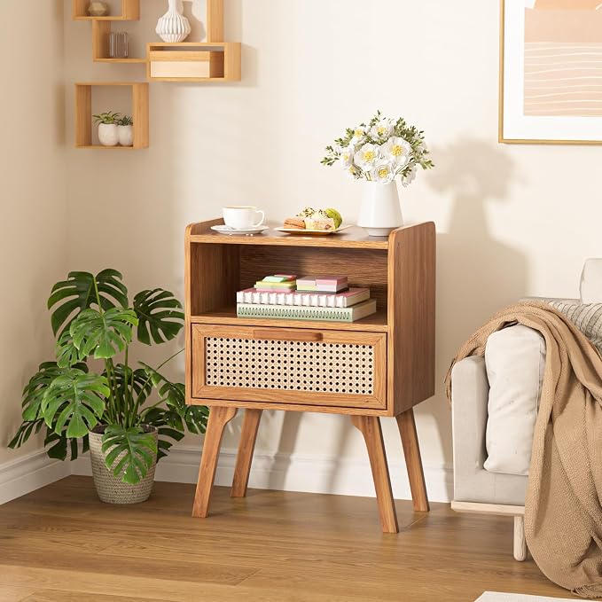 Lerliuo Rattan Nightstands Set of 2, Side Table with Drawer | Bedside End Table with Solid Wood Legs, Mid Century Modern Night Stand for Bedroom, Dorm and Small Spaces (Tea Brown)