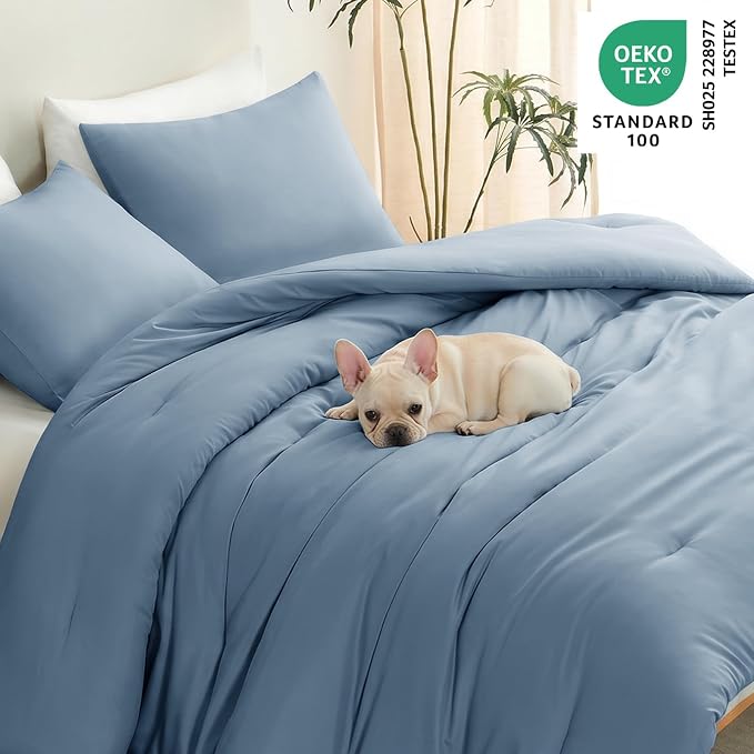 Twin Comforter Set, 2 Pieces Down Alternative Bedding, Grayish Blue | 270 GSM Twin XL College Dorm Comforter with 4 Corner Ties Use as a Duvet Insert, OEKO-TEX Certified, 1 Pillowcase, 68 x 88 in