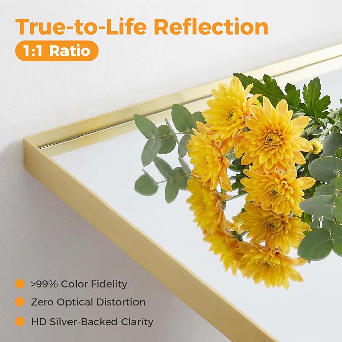 Sweetcrispy Bathroom Mirrors, Vanity Mirror, Wall Mount, 24x36 Inch | Tempered Glass, Anti-Rust Metal Frame, Over Sink Home Decor, Modern Rectangle Style, Gold