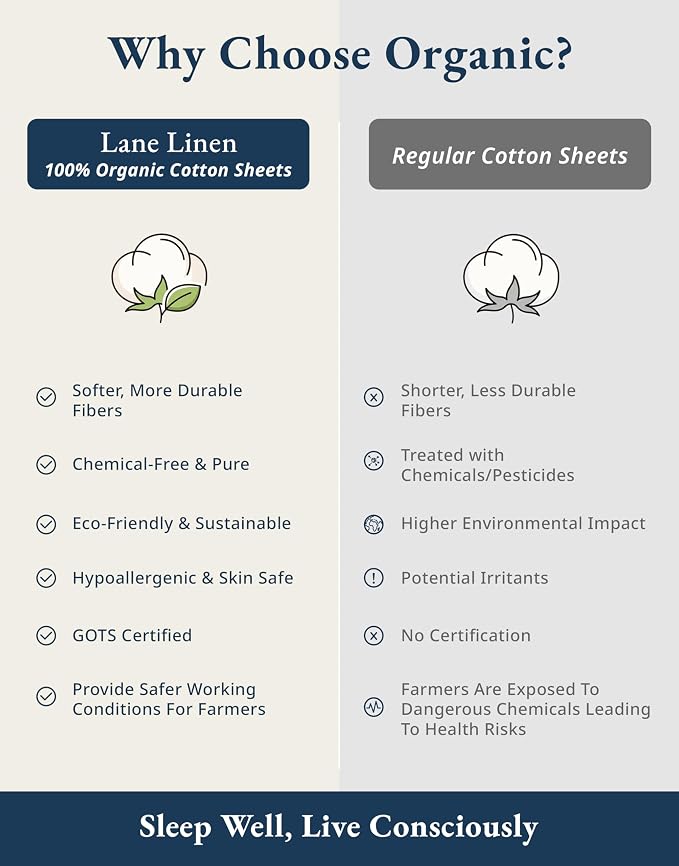Lane Linen Twin Sheet Set 100% Organic Cotton Cooling Soft 3pc - Silver