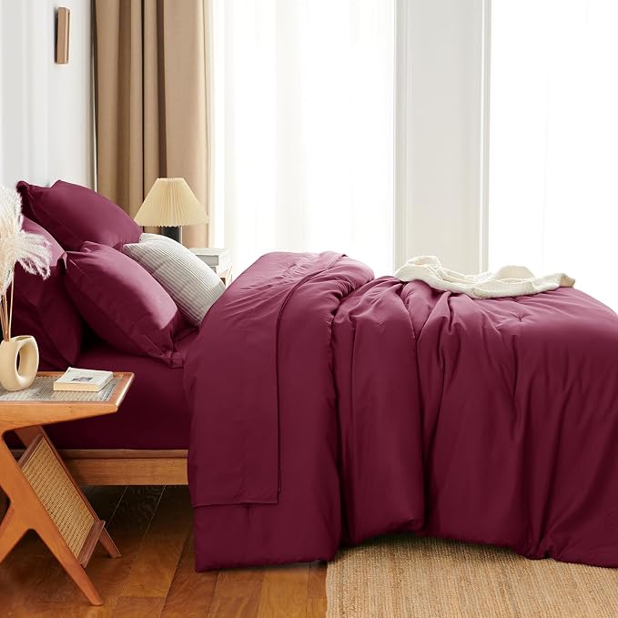 HIMEET Queen Comforter Set, 7-Piece Point-Quilted Bed in a Bag Burgundy | OEKO-TEX Certified, Lightweight 240 GSM Comforter, Flat Sheet, 14-Inch Deep-Pocket Fitted Sheet, Pillowcases & Shams
