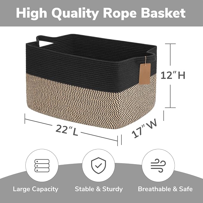 Goodpick 75L Extra Large Woven Blanket Basket, Rectangle, Black & Jute | 22" × 17" × 12" Decorative Wicker Storage Basket for Pillows, Toys & Clothes, Fits Living Room & Nursery Organization