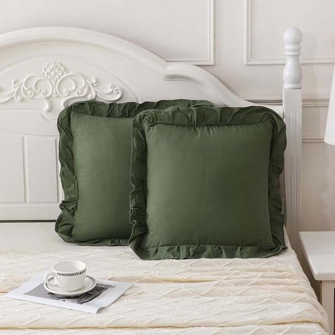 Merryword Olive Green Pillowcases 18x18 Cute Throw Pillow Covers Pack of 2 Ruffle Pillowcase Cushion for Couch Sofa Bedroom