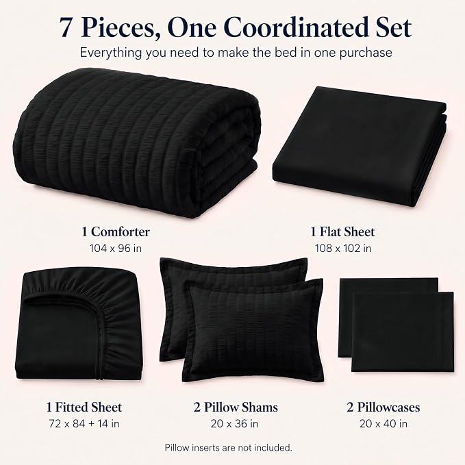California King Comforter Set 7-Piece Black Seersucker Bed in a Bag | OEKO-TEX Certified, Cal King Bedding Sets with 240 GSM Down Alternative Comforter, Flat & Fitted Sheets, Pillowcases & Shams