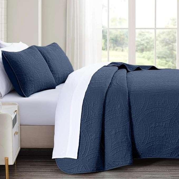 akkialla Navy Twin Quilt Set, Ultrasonic Lightweight Bedspread Coverlet for Modern Minimalist Bedroom, Soft Microfiber Coin Pattern Bedding, 2-Piece (1 Quilt, 1 Pillow Sham) | Breathable fabric