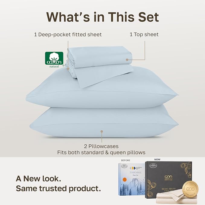 California Design Den Luxury 800 Thread Count Queen Size Sheet Set | 100% Cotton Sateen Backed by Good Housekeeping Seal - Soft & Thick, 16" Deep Pocket, All-Around Elastic - Blue (Grey Tone)