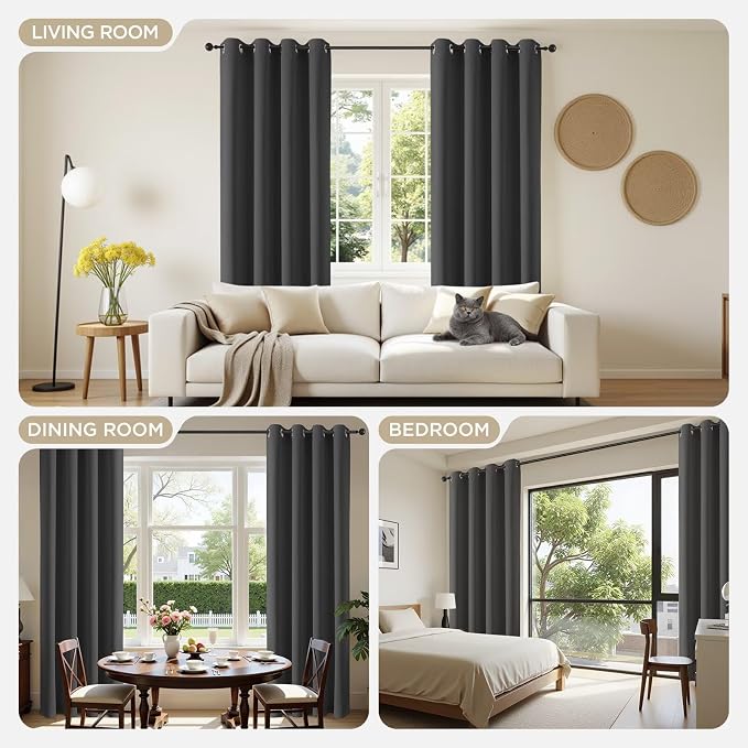 Joydeco Blackout Curtains 72 Inch Length 2 Panels Set, Thermal Insulated Long Curtains& Drapes 2 Burg, Room Darkening Grommet Drapes for Living Room Bedroom Window (Dark Grey, W52 x L72 Inch)