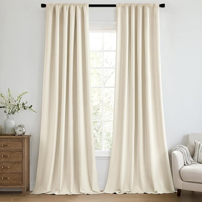 MIULEE 100% Blackout Back Tab Pleat Linen Curtains 50" Wx120 L,Light Cream | 2 Panels,Thick Faux Linen,Floor to Ceiling,with Hooks,for Bedroom Living Room,Black Out,Room Darkening