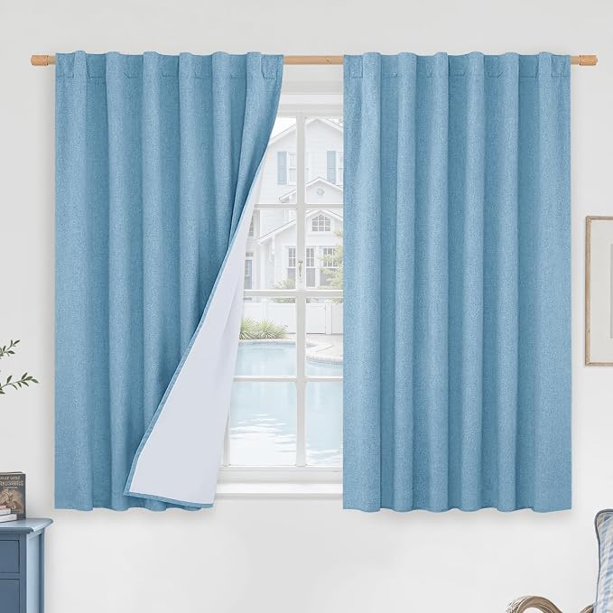 Full Blackout Linen Bedroom Curtains 54 Inch 2 Panels, Blue | Thermal Insulated, Privacy Protected, Farmhouse Curtains, Neutral Panels, with White Liner, Rod Pocket Back Tab, 52 x 54 Inch