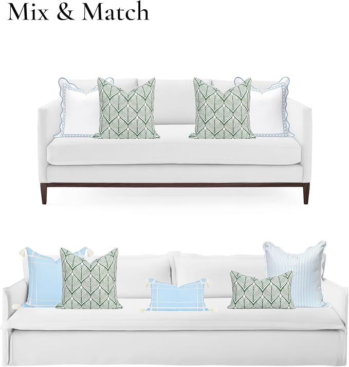 Hofdeco Premium Coastal Patio Indoor Outdoor Throw Pillow Cover Only, 20"x20" Water Repellent for Backyard, Couch, Green Print Geometric Leafs