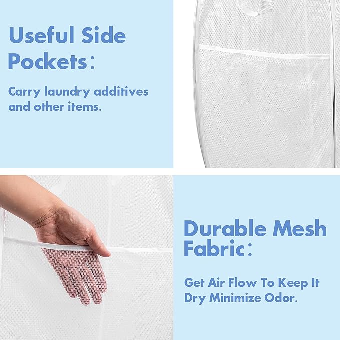 Pop Up Laundry Hamper, 70 L Collapsible Mesh Basket with Side Pocket, White | Reinforced handles, breathable fabric, foldable, portable for dorm college travel camping cruise, dirty clothes, toys storage
