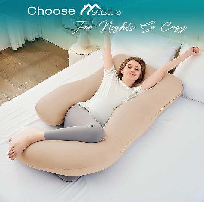 Cooling Pregnancy Pillows for Sleeping, 57'' Full Body Pillow, Beige | Sasttie Maternity Pillow, OEKO-TEX, Down Alternative, Removable Cover, Pregnant Women Must Haves, Maternity Essential