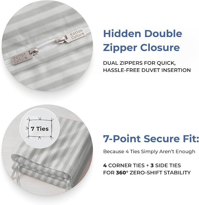 1 Pc California King Size Duvet Cover Only -100% Egyptian Cotton 600 TC Ultra Soft Premium Durable Comforter Cover Zipper Closure & Corner Ties (Striped Silver,104"x98")