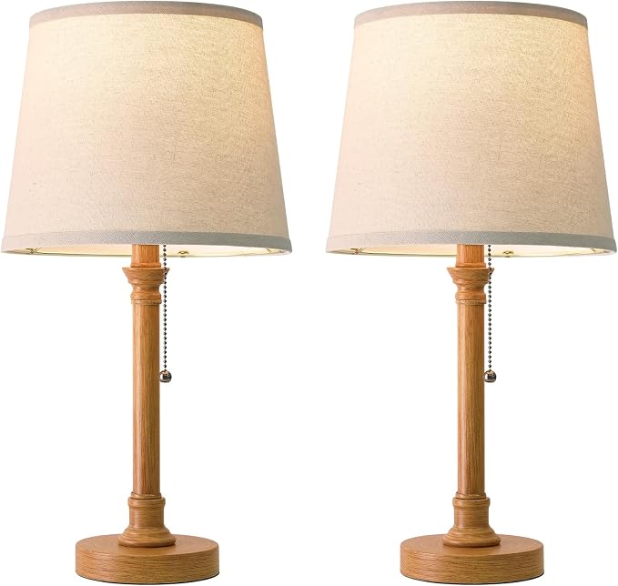 19.5" Wood Grain Rustic Table Lamps Set of 2 for Living Room Bedroom | Pull Chain Switch Bedside Table Lamps, White Linen Shade, Small Desk Lamp for Living Room, Bedroom, Home Office, Nursery