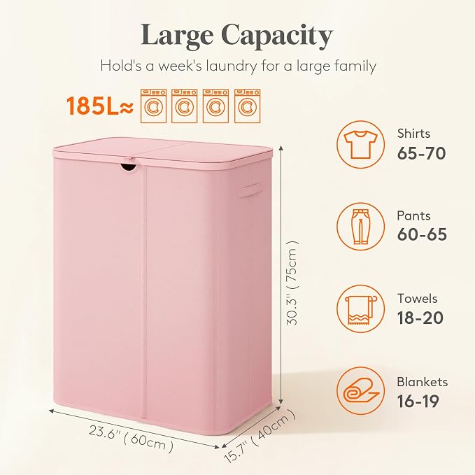 Lifewit 185L 3 Section Laundry Hamper with Lid, Laundry Basket, Pink | Large Foldable Laundry Sorter with 3 Removable Bags, Tall Clothes Hamper for Bedroom and Bathroom