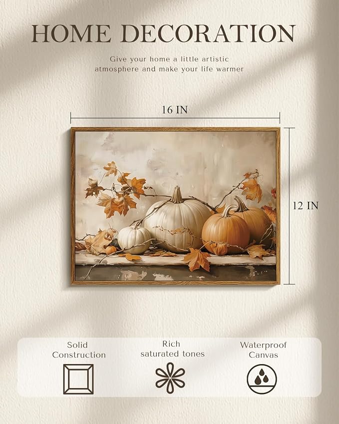 WHASAYART Vintage Pumpkin Thanksgiving Wall Art 12x16 Framed Canvas Print with Fall Leaves, Rustic Autumn Season Painting, Cozy Harvest Dining Room Kitchen Farmhouse Decor