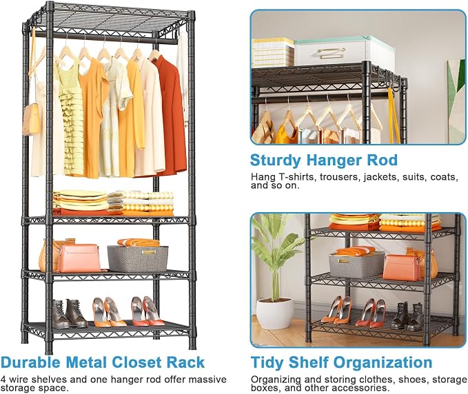 Ulif H4 Mini Portable Closet, 4 Tiers Freestanding Clothing Garment Rack for Small Space, Metal Clothes Wardrobe System for Bedroom, 23.6" W x 14" D x 76.4" H, Load 502 lbs, Black | Metal Clothes Wardrobe System for Apartment, Small Space and Bedroom, ...