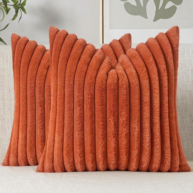 MIULEE Fall Faux Fur Decorative Throw Pillow Covers 18x18 Burnt Orange | Set of 2, Vintage Boho Soft Plush Couch Pillows, Cozy Fluffy Cushion Covers for Sofa Bed Living Room Home Decor