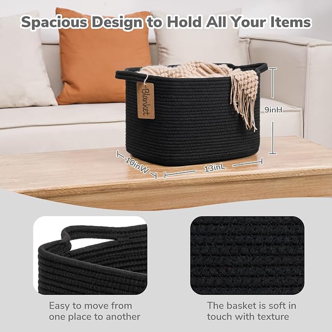 Goodpick Woven Rope Storage Basket for Shelves, Rectangle, Black | 13" × 10" × 9" Stylish Gift Basket for Home Decor, Cotton Rope Baskets for Toys, Towels & Books Storage, Reinforced Handles