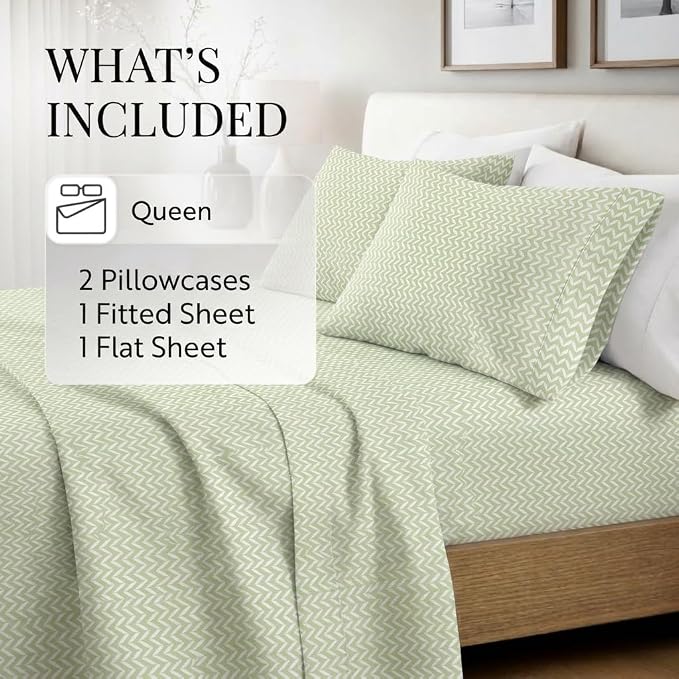 Linen Market Double-Brushed Patterned Microfiber Queen Sheet Set 4 Piece – Oeko-TEX Certified Ultra Soft & Wrinkle-Free - 16" Deep Pocket Sheets - Easy Care Queen Size - Puffed Chevron Sage