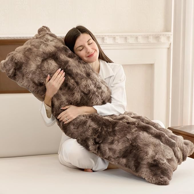 ZonLi Fluffy Body Pillow for Adults, Fuzzy Faux Fur Long Pillow with Shredded Memory Foam, Adjustable Support for Side Sleepers, Gifts, 20 x 54 Inch, Brown