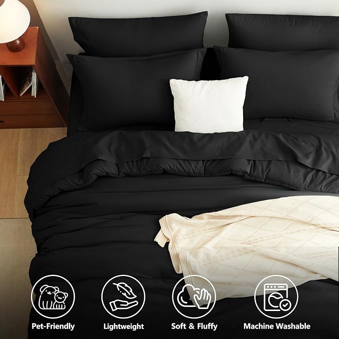 Queen Comforter Set Black, 7 Pieces Bed in a Bag | OEKO-TEX Certified, All-Season, Bedroom, 240GSM Down Alternative Comforter, Flat & Fitted Sheets, 2 Pillowcases & 2 Shams