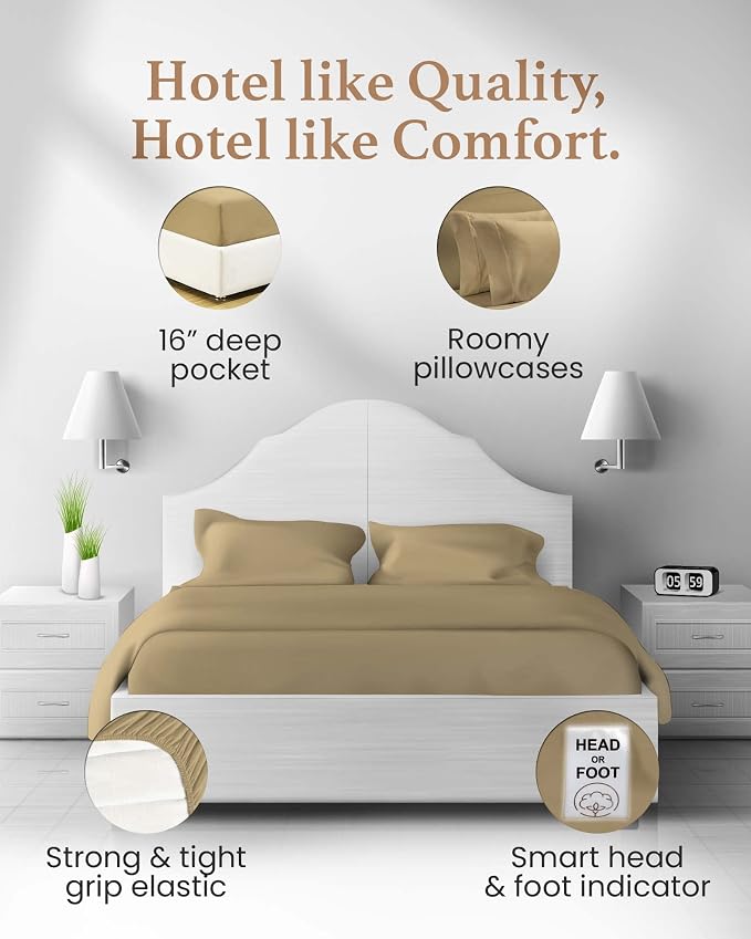 Good Sleep Bedding 100% Egyptian Cotton King Size Sheets Set, 4 Piece Silky Sateen Weave King Bed Sheets, Ultra-Soft & Durable Hotel Luxury, 16" King Size Sheets Deep Pocket Set - Taupe