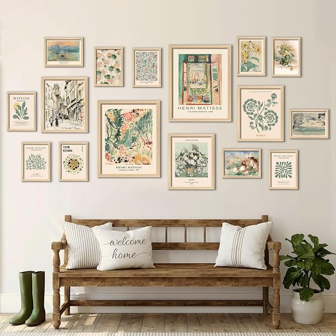 16 PCS Sage Green Wall Art Decor, Matisse Wall Prints for Bedroom, Abstract Posters for Room Aesthetic, Wall Collage Kit Pictures for Living Room, Eclectic Boho Vintage Dorm Gallery Home Decor