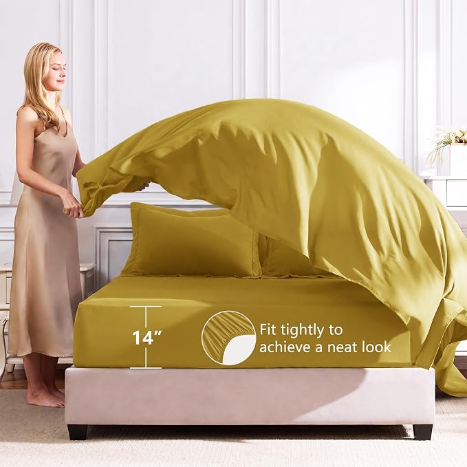 Full Size Comforter Sets Mustard Yellow - 7 Pieces Bed in a Bag | OEKO-TEX Certified, All Season, 240GSM Down-Alternative Comforter, Sheets, Pillowcases & Shams, 14" Deep Pocket, Easy Care