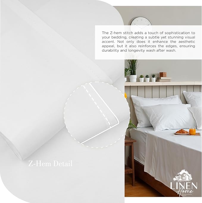 Linen Home 100% Cotton Percale Sheets Twin Size,Snow White, Deep Pocket, 3 Pieces Set - 1 Flat, 1 Deep Pocket Fitted Sheet and 1 Pillowcase, Crisp Cool and Strong Bed Linen