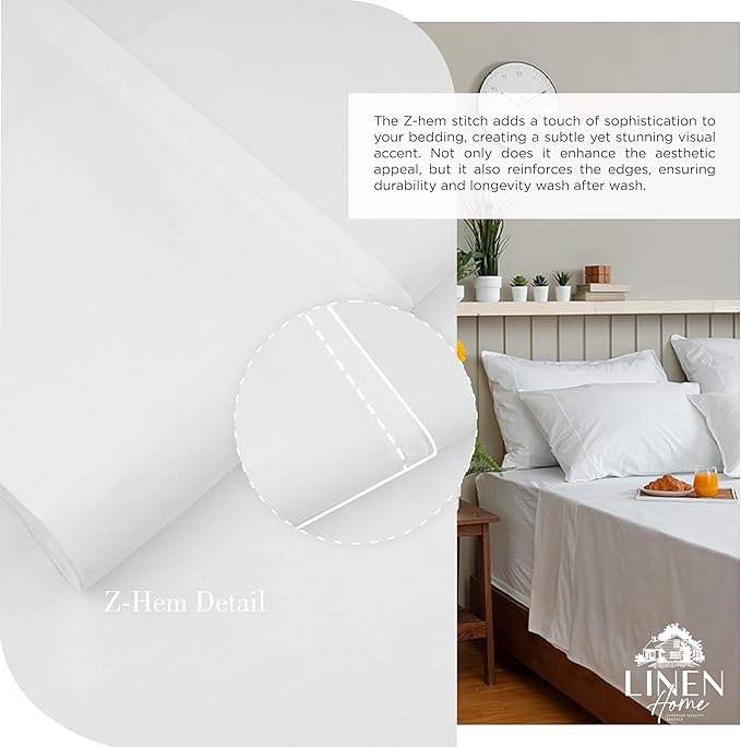 Linen Home 100% Cotton Percale Sheets Full Size, Snow White, Deep Pocket, 4 Pieces Set - 1 Flat, 1 Deep Pocket Fitted Sheet and 2 Pillowcases, Crisp Cool and Strong Bed Linen